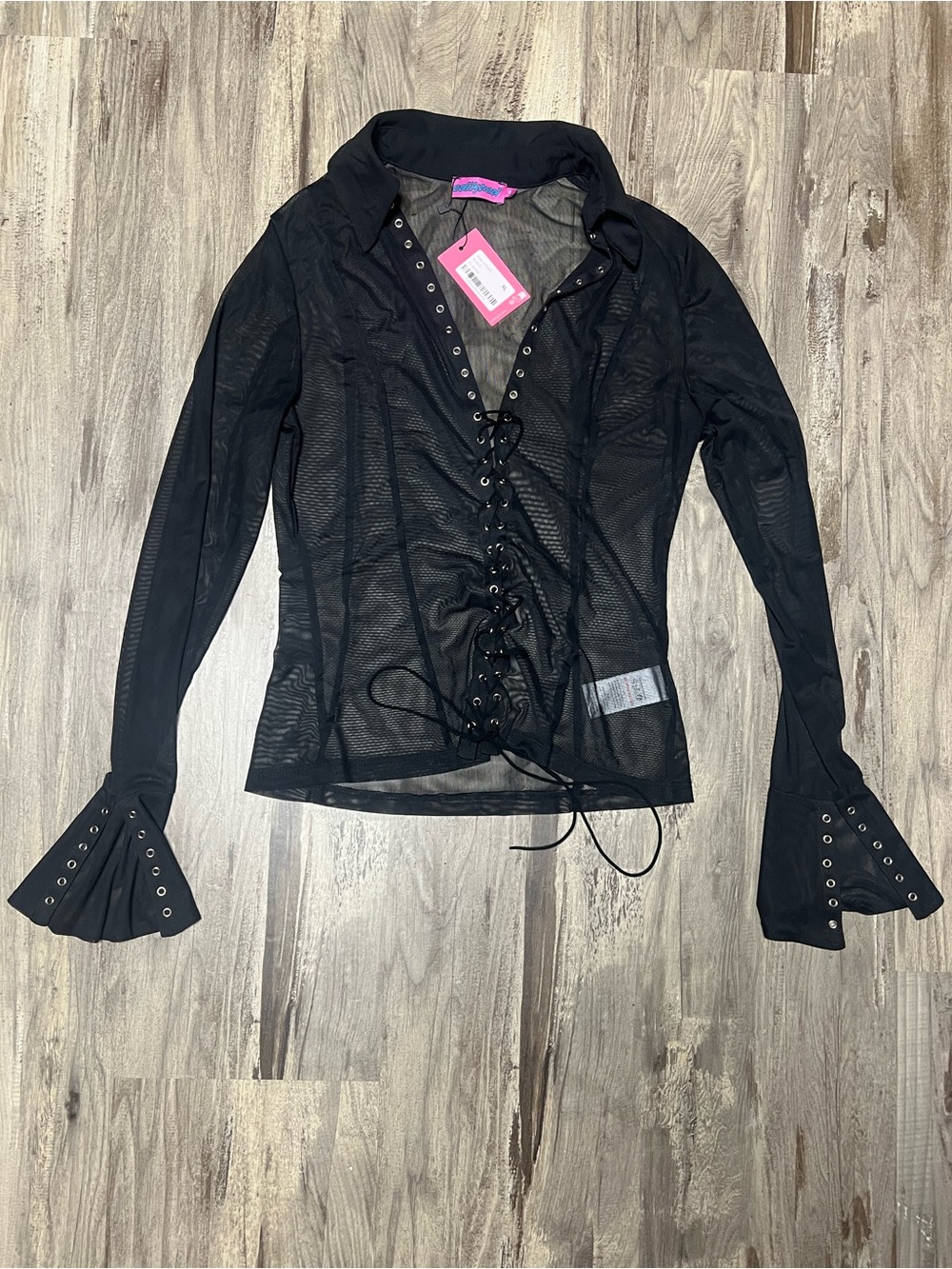 Edikted NWT Black Lace Up Sheer Mesh Flare Sleeve Top Size XL S15562